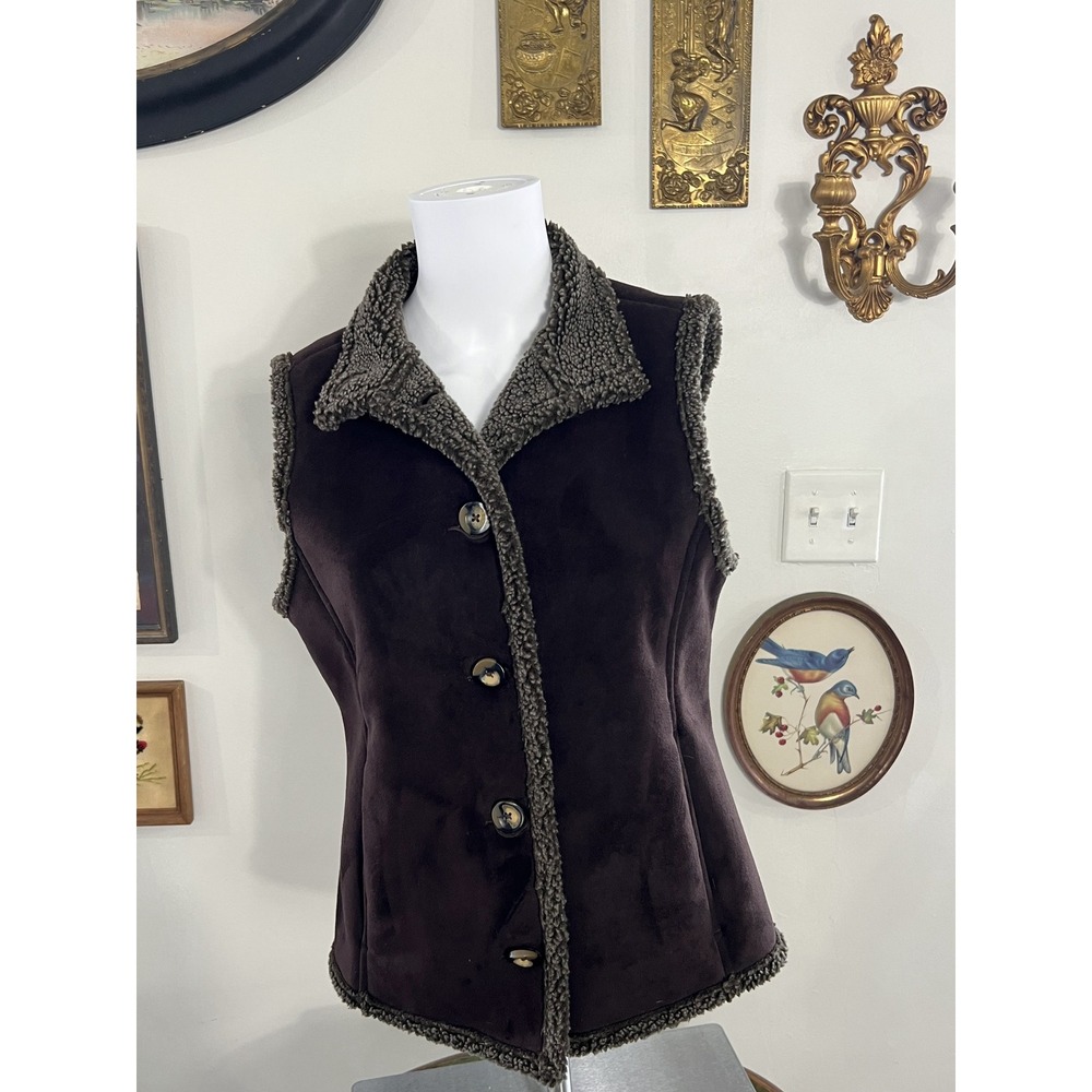 Vintage L.L. Bean Brown Faux Suede Sherpa Fleece Lined Button Up Vest Size XS